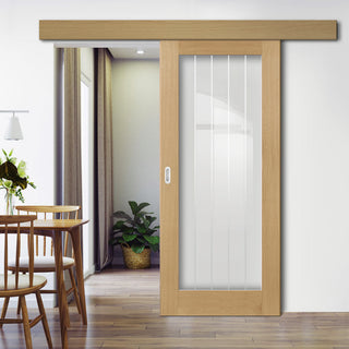 Image: Single Sliding Door & Wall Track - Ely 1L Full Pane Oak Door - Clear Etched Glass - Prefinished