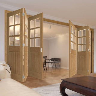 Image: Six Folding Doors & Frame Kit - Ely Oak 3+3 - Clear Bevelled Glass -Unfinished