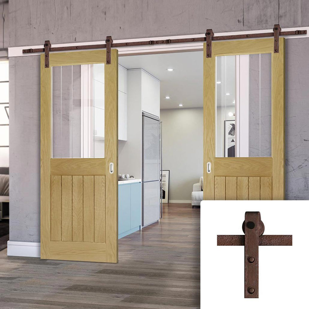 Double Sliding Door & Straight Antique Rust Track - Ely 1L Top Pane Oak Door - Clear Etched Glass - Unfinished