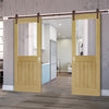 Double Sliding Door & Straight Antique Rust Track - Ely 1L Top Pane Oak Door - Clear Etched Glass - Unfinished