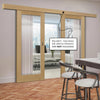 Double Sliding Door & Wall Track - Ely 1L Full Pane Oak Door - Clear Etched Glass - Unfinished