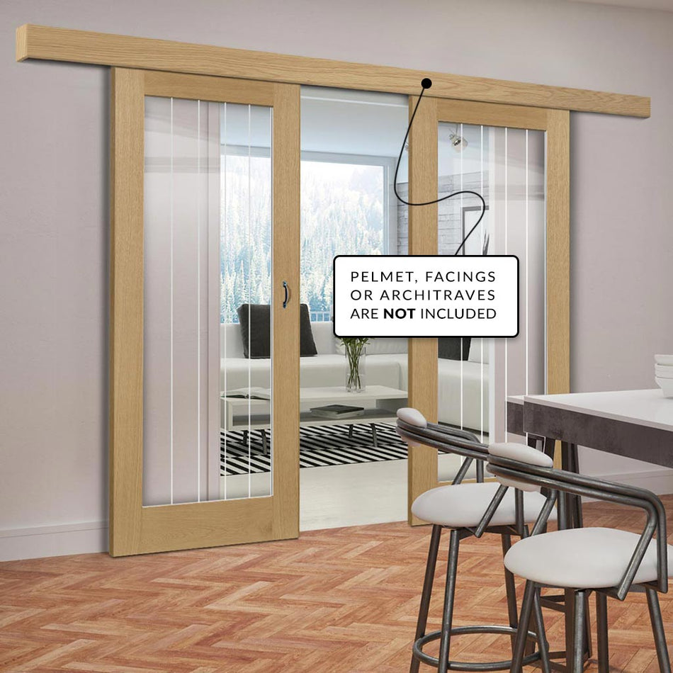 Double Sliding Door & Wall Track - Ely 1L Full Pane Oak Door - Clear Etched Glass - Unfinished