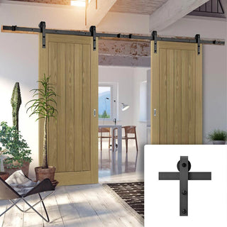 Image: Double Sliding Door & Black Barn Track - Ely American Oak Veneer Door - Prefinished