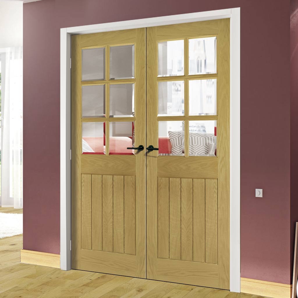 Ely Oak Door Pair - Clear Bevelled Glass - Unfinished