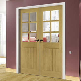 Image: Bespoke Ely Real American Oak Veneer Internal Door Pair - Clear Bevelled Glass - Prefinished