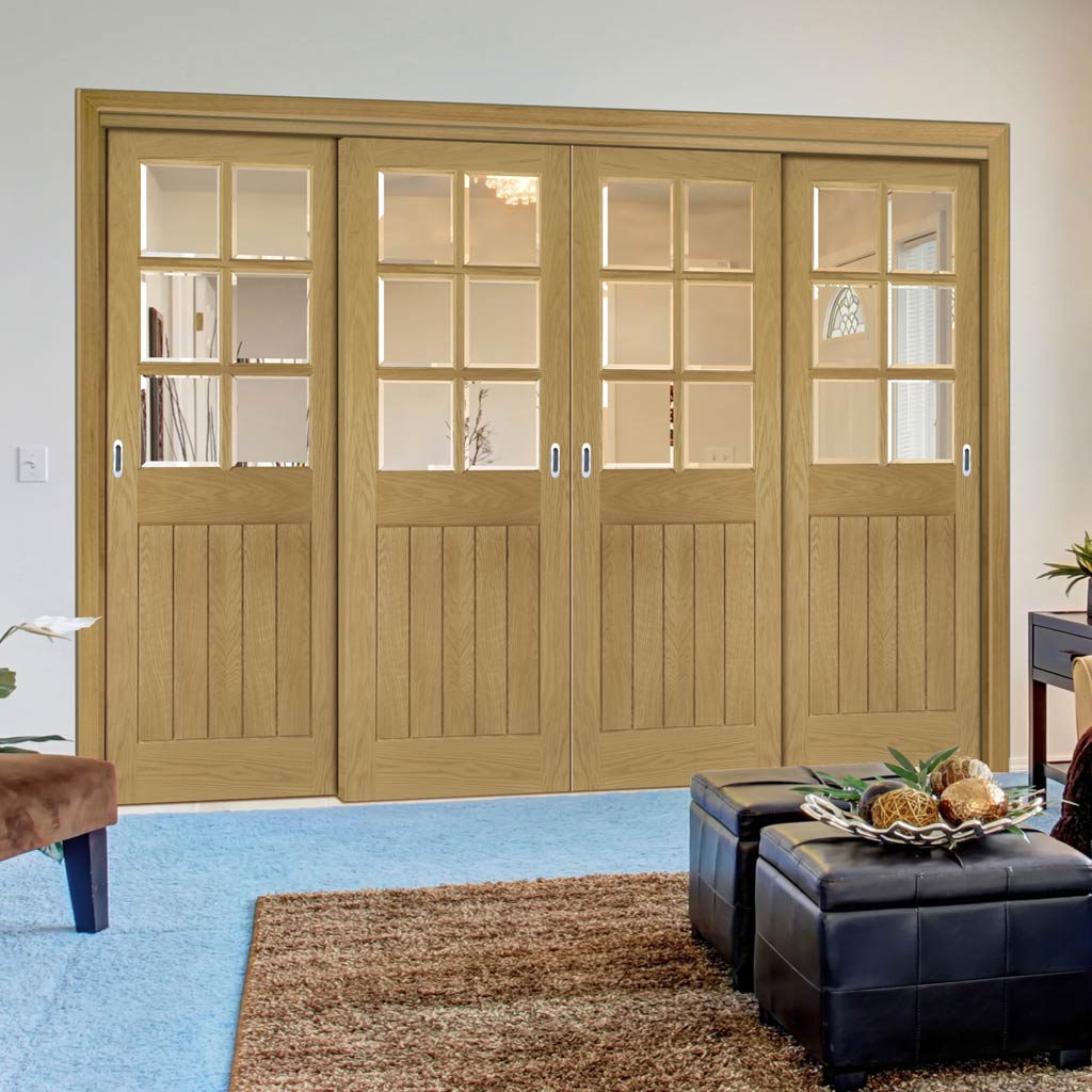 Pass-Easi Four Sliding Doors and Frame Kit - Ely Oak Door - Clear Bevelled Glass - Unfinished
