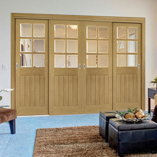 Image: Pass-Easi Four Sliding Doors and Frame Kit - Ely Oak Door - Clear Bevelled Glass - Unfinished