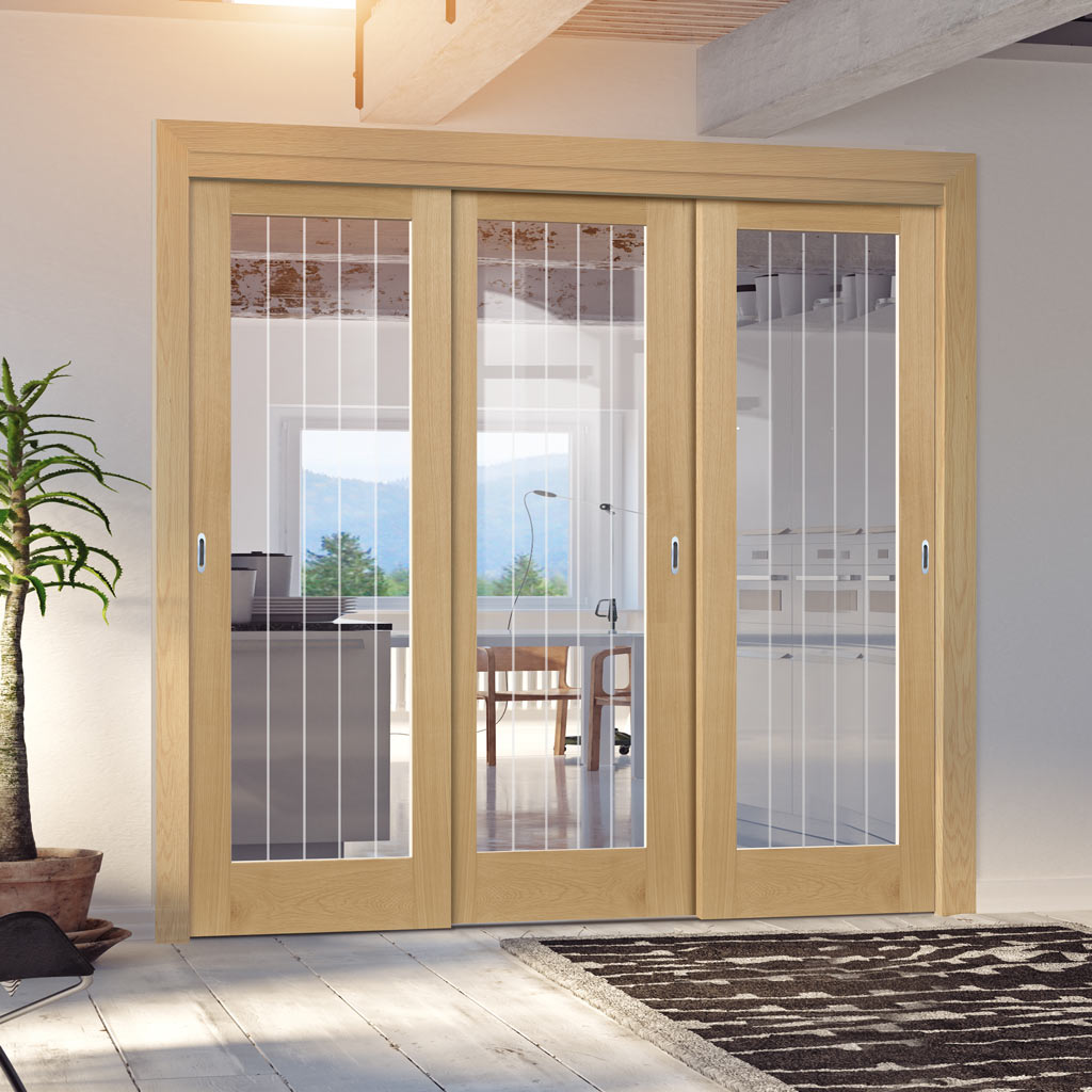 Pass-Easi Three Sliding Doors and Frame Kit - Ely 1L Full Pane Oak Door - Clear Etched Glass - Prefinished