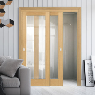 Image: Pass-Easi Two Sliding Doors and Frame Kit - Ely 1L Full Pane Oak Door - Clear Etched Glass - Prefinished