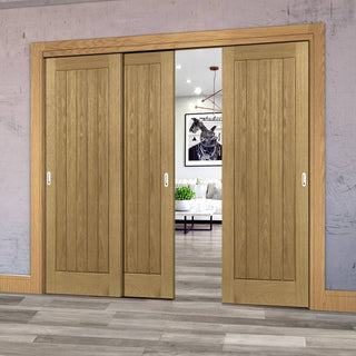 Image: Pass-Easi Three Sliding Doors and Frame Kit - Ely Oak Door - Unfinished