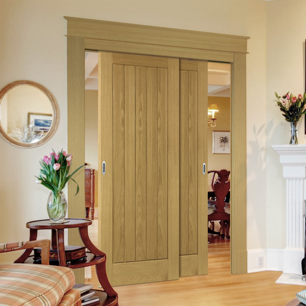 Pass-Easi Two Sliding Doors and Frame Kit - Ely Real American White Oak Veneer Door - Prefinished