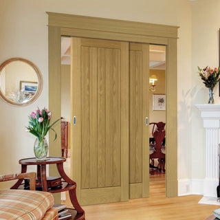 Image: Pass-Easi Two Sliding Doors and Frame Kit - Ely Real American White Oak Veneer Door - Prefinished