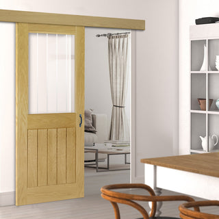 Image: Single Sliding Door & Wall Track - Ely 1L Top Pane Oak Door - Clear Etched - Prefinished