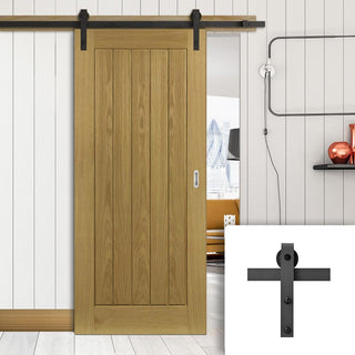 Image: Single Sliding Door & Black Barn Track - Ely American Oak Veneer Door - Prefinished
