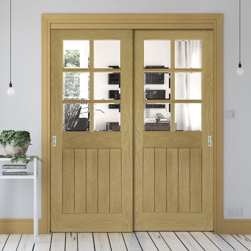 Pass-Easi Two Sliding Doors and Frame Kit - Ely Oak Door - Clear Bevelled Glass - Unfinished