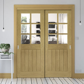 Image: Pass-Easi Two Sliding Doors and Frame Kit - Ely Oak Door - Clear Bevelled Glass - Unfinished