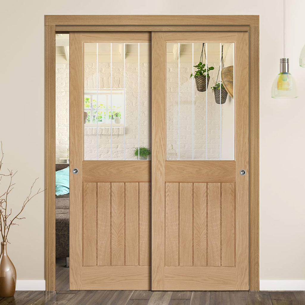 Pass-Easi Two Sliding Doors and Frame Kit - Ely 1L Top Pane Oak Door - Clear Etched - Prefinished