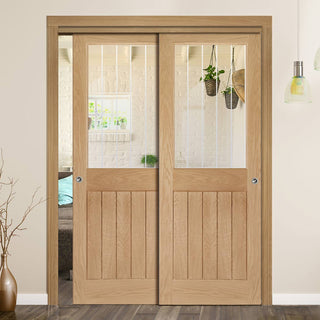 Image: Pass-Easi Two Sliding Doors and Frame Kit - Ely 1L Top Pane Oak Door - Clear Etched - Prefinished