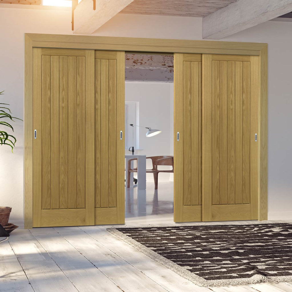 Pass-Easi Four Sliding Doors and Frame Kit - Ely Real American White Oak Veneer Door - Prefinished