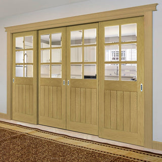 Image: Pass-Easi Four Sliding Doors and Frame Kit - Ely Real American White Oak Veneer Door - Clear Bevelled Glass - Prefinished