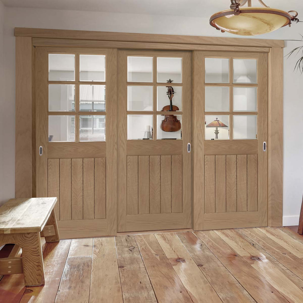 Pass-Easi Three Sliding Doors and Frame Kit - Ely Oak Door - Clear Bevelled Glass - Unfinished