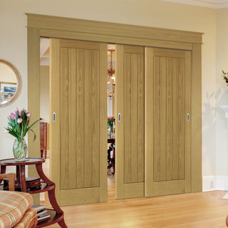 Image: Pass-Easi Three Sliding Doors and Frame Kit - Ely Real American White Oak Veneer Door - Prefinished