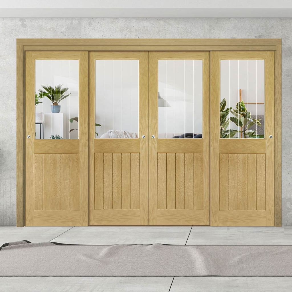 Pass-Easi Four Sliding Doors and Frame Kit - Ely 1L Top Pane Oak Door - Clear Etched - Prefinished
