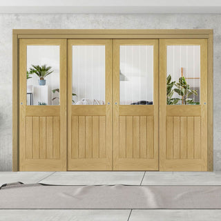 Image: Pass-Easi Four Sliding Doors and Frame Kit - Ely 1L Top Pane Oak Door - Clear Etched - Prefinished