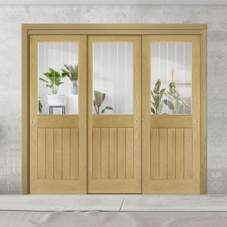 Image: Pass-Easi Three Sliding Doors and Frame Kit - Ely 1L Top Pane Oak Door - Clear Etched - Prefinished