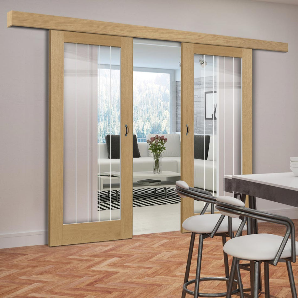 Double Sliding Door & Wall Track - Ely 1L Full Pane Oak Door - Clear Etched Glass - Unfinished