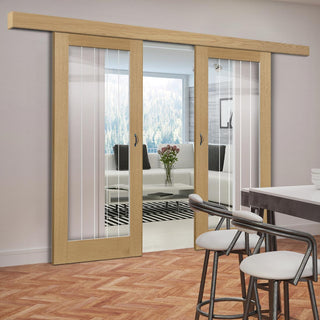 Image: Double Sliding Door & Wall Track - Ely 1L Full Pane Oak Door - Clear Etched Glass - Unfinished