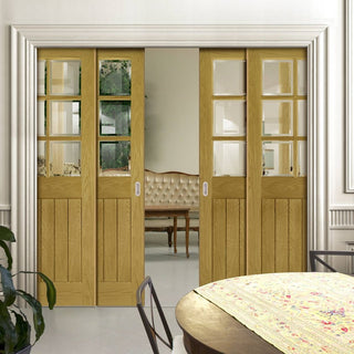 Image: Ely American White Oak Veneer Staffetta Quad Telescopic Pocket Doors - Clear Bevelled Glass - Prefinished