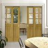 Ely American White Oak Veneer Staffetta Quad Telescopic Pocket Doors - Clear Bevelled Glass - Prefinished