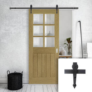 Image: Single Sliding Door & Arrowhead Black Track - Ely American Oak Veneer Door - Clear Bevelled Safety Glass - Prefinished