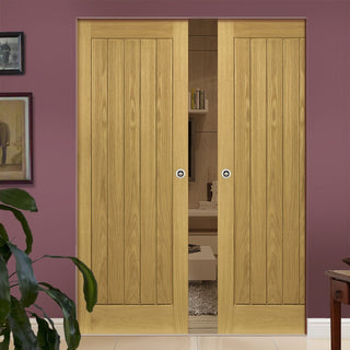 Image: Ely Oak Absolute Evokit Double Pocket Doors - Unfinished