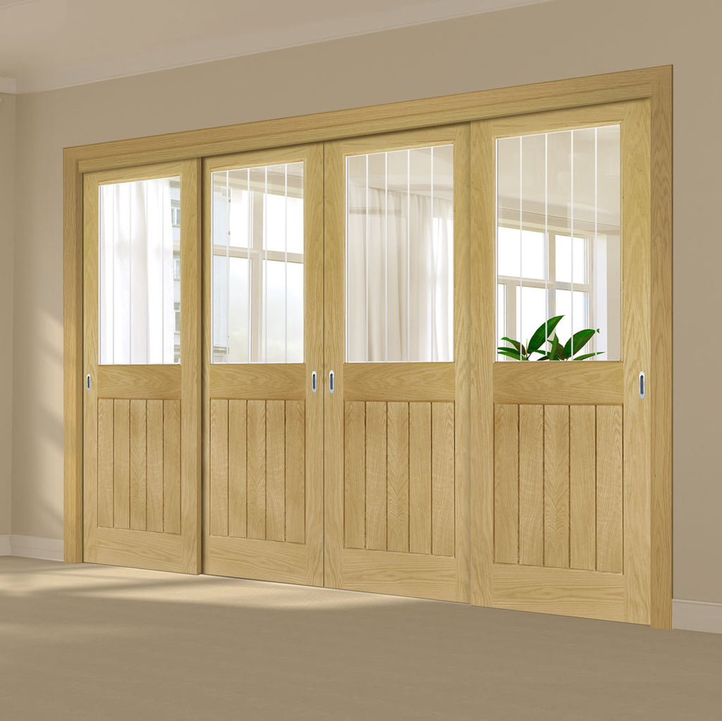 Pass-Easi Four Sliding Doors and Frame Kit - Ely 1L Top Pane Oak Door - Clear Etched Glass - Unfinished