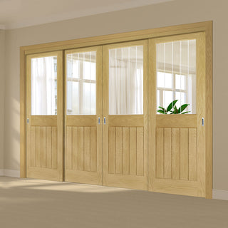 Image: Pass-Easi Four Sliding Doors and Frame Kit - Ely 1L Top Pane Oak Door - Clear Etched Glass - Unfinished