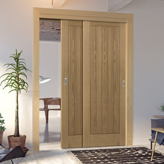Image: Pass-Easi Two Sliding Doors and Frame Kit - Ely Oak Door - Unfinished