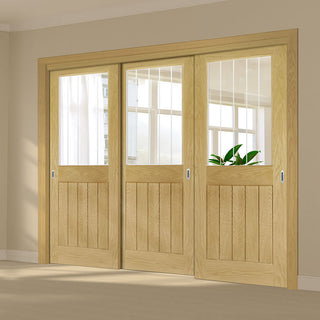 Image: Pass-Easi Three Sliding Doors and Frame Kit - Ely 1L Top Pane Oak Door - Clear Etched Glass - Unfinished
