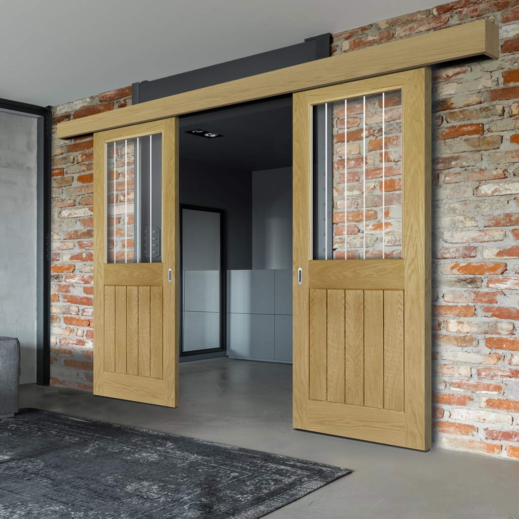 Double Sliding Door & Wall Track - Ely 1L Top Pane Oak Door - Clear Etched Glass - Unfinished