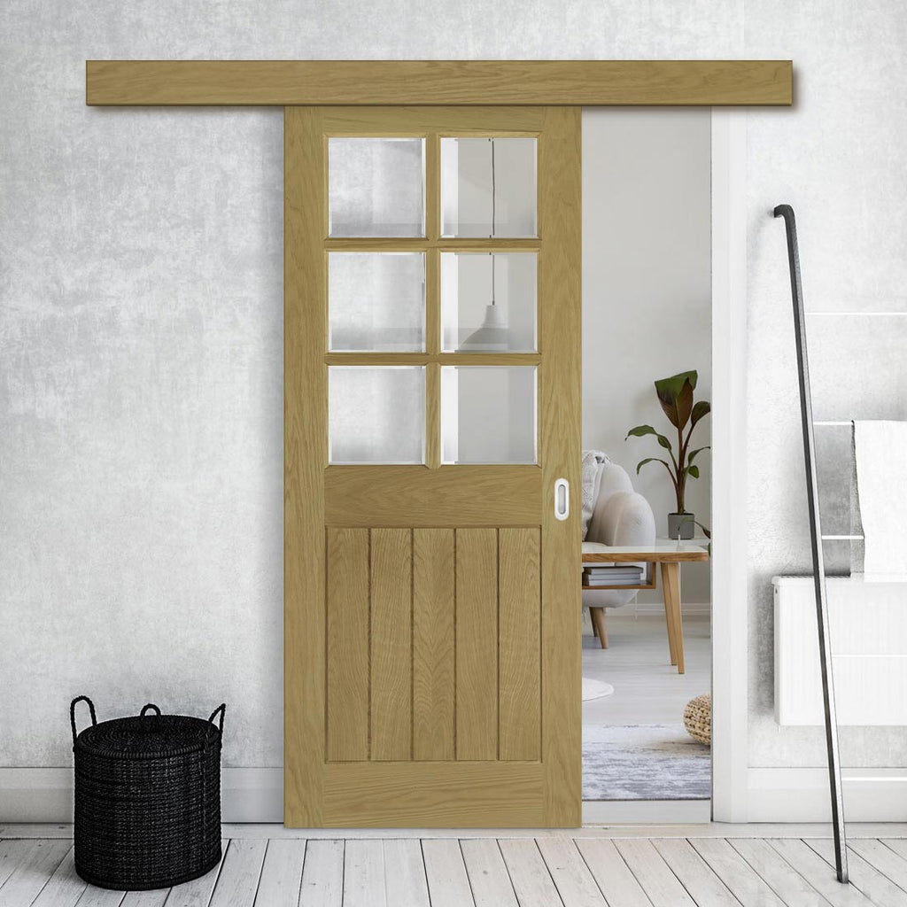 Single Sliding Door & Wall Track - Ely Oak Door - Clear Bevelled Glass - Unfinished