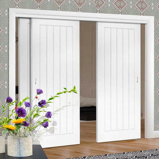 Image: Pass-Easi Three Sliding Doors and Frame Kit - Ely White Primed Door