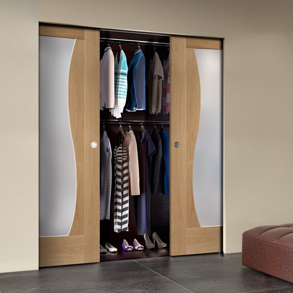 Bespoke Emilia Oak Glazed Double Frameless Pocket Door - Stepped Panel Design