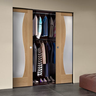 Image: Bespoke Emilia Oak Glazed Double Frameless Pocket Door - Stepped Panel Design