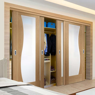Image: Bespoke Thruslide Emilia Oak Glazed 4 Door Wardrobe and Frame Kit - Stepped Panel Design