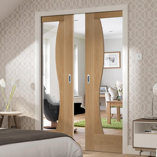 Image: Bespoke Emilia Oak Glazed Double Pocket Door - Stepped Panel Design