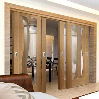 Image: Bespoke Thruslide Emilia Oak Glazed - 4 Sliding Doors and Frame Kit - Stepped Panel Design