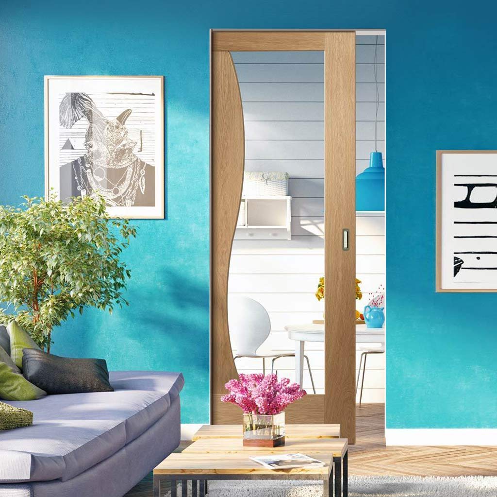 Emilia Oak Flush Absolute Evokit Pocket Door - Stepped Panel Design - Clear Glass