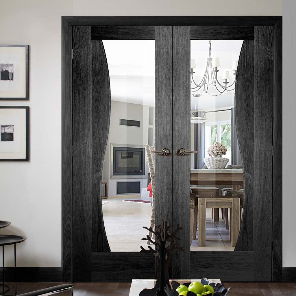 Prefinished Emilia Oak Flush Door Pair - Stepped Panel Design - Clear Glass - Choose Your Colour