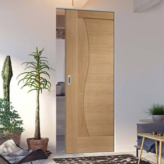 Image: Emilia Oak Flush Absolute Evokit Pocket Door - Stepped Panel Design
